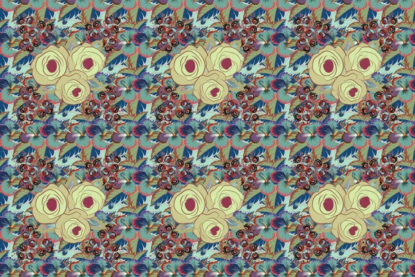 Seamless Floral Pattern Brown Beige Blue Colors Raster Rose Flowers — Stock Photo, Image