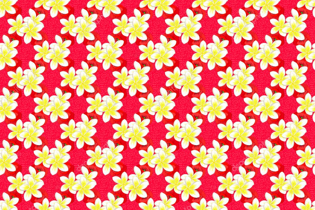 Raster seamless background pattern with stylized plumeria flowers and leaves on a red background.