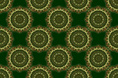 Yeşil zemin üzerinde stilize dalgalar olan altın süslemenin lüks, pürüzsüz deseni. Raster illüstrasyonu.