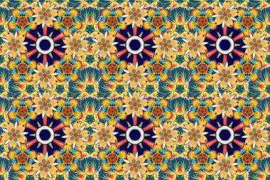 Geleneksel Tayland arka planı ve ızgaralı dokusu. Baskı, kumaş ya da tekstil için Tayland ipeği raster tasarımı. Tayland hattı mavi, sarı ve kırmızı renklerle kusursuz desen.