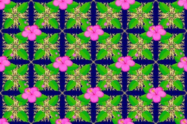 Mavi, nötr ve yeşil renklerde kusursuz çiçek desenleri ve karışık amber çiçekleri. Raster illüstrasyonu.