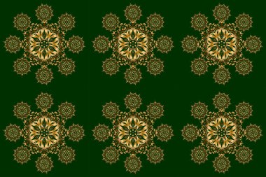 Davetiyeler, tebrik kartları, ambalajlar için süs desenleri. Geleneksel çiçek dekoru. Yeşil arka planda dekoratif altın pürüzsüz desen. Tasarım için Raster dekoratif ögeleri.