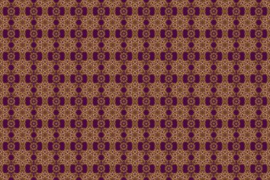 Raster kare kompozisyonu ve altın antika süs. Mor arka planda altın şebeke ile pürüzsüz desen.