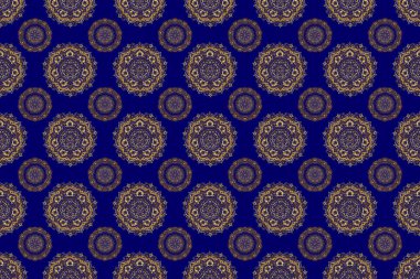 Duvar kağıdı, sunum, tasarım, tekstil için. Raster illüstrasyonu. Mavi arkaplanda altın rengi elementlerin kusursuz raster görüntüsü.