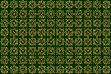 Noel altını kar taneleri pürüzsüz desenli. Sembol bayramı, yeni yıl 2018 kutlaması. Kış kar tasarımı duvar kağıdı. Raster illüstrasyonu. Yeşil zemin üzerinde altın parıltılı kar taneleri.