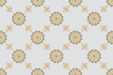 Kumaş, tekstil, iç dekorasyon. Gri arka planda el yapımı altın elementler. Eski, dikişsiz çiçek deseni.