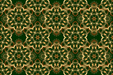 Altın ve yeşil pürüzsüz desen. Geleneksel klasik süs. Arabesk ve altın çiçekli doğu raster desenleri..