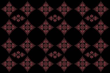 Oriental soyut raster klasik desen. Siyah arkaplanda kırmızı tekrarlayan elementlerle klasik dikişsiz desen.