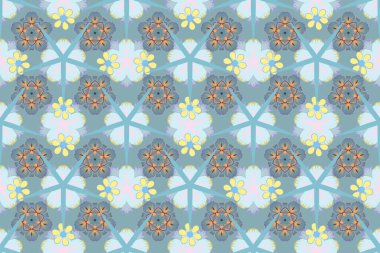 Geleneksel doğulu desensiz şal deseni. Mavi, sarı ve menekşe rengi duvar kağıtları. Kumaş, tekstil ve ambalaj kağıtları için dekoratif süs. Raster çizgili, desenli, pürüzsüz desen.