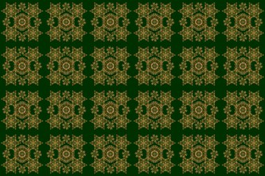 Yeşil arkaplanda altın gibi parlak bir süs, pürüzsüz bir desen, soyut şekiller. Raster illüstrasyonu.