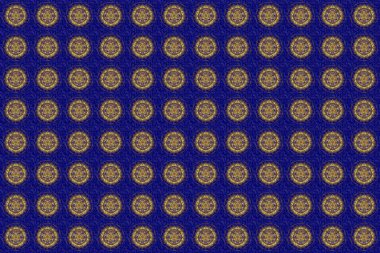 Tekstil ya da kağıda basmak için kusursuz desen. Mavi ve altın renkli süsler..