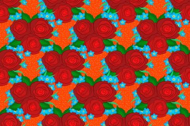Raster illüstrasyonu. Soyut gül çiçekleri buketi ve turuncu arka planda yeşil yapraklarla romantik, pürüzsüz bir desen. Geçmiş, tekstil, ambalaj kağıtları, tebrik kartları için..