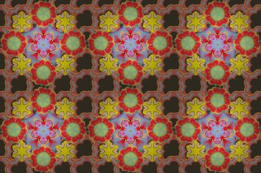 Çiçek ve yaprakların yeşil, sarı ve kırmızı renkte olduğu pürüzsüz bir desen. Çiçekli suluboya arka plan. Yatak çarşafları, ceket, paket tasarımı, kumaş ve moda kavramları için tekstil baskısı.