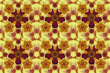 Dekorasyon ve tasarım için güzel bir desen. Moda desenli kahverengi, sarı ve kırmızı renkler. Enfes bir desen, çiçekli suluboya bir eskiz, klasik tarzda. Çiçeklerle sulu boya deseni.
