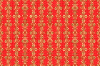Kırmızı zemin üzerinde altın elementler, bukleler ve süslemeler olan kusursuz bir desen. Raster doğu tarzı arabesk.