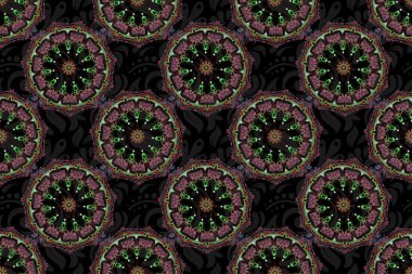 Siyah arka planda pürüzsüz yeşil ve kahverengi eski model. Raster eski Fas, Arapça ve Türkçe süsleri.