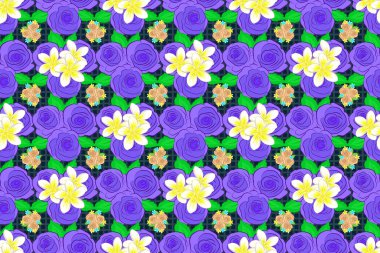 Mavi bir arka planda modern bir çiçek deseni var. Çiçek izi. Tekrarlayan gül çiçekleri ve yeşil yapraklar deseni.