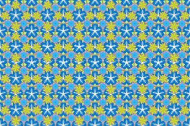 Ditsy style raster illüstrasyonu. Bej, mavi ve sarı renkli küçük şirin çiçekler. Bir çok çiçeğin görüntüsüyle kusursuz desen.