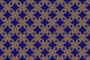 Çiçek kiremitleri. İslami raster tasarımı. Mavi ve altın renkli tekstil baskısı. Kusursuz desenli oryantal süs.