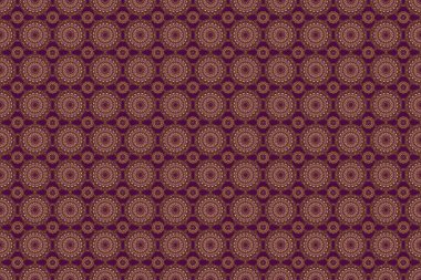 Altın elementlerle süslü mor bir arka plan. Parlak arkaplan. Altın pürüzsüz desen. Mor arkaplan.