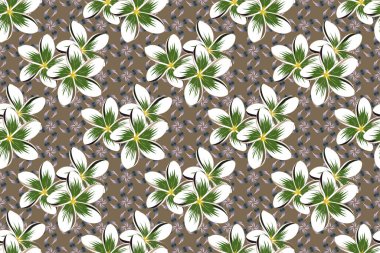 Şirin Plumeria çiçek deseni. Çizgili arka planda dikişsiz suluboya desen. Raster çiçekleri mavi, yeşil ve gri renklerde..