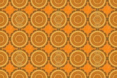 Kusursuz desenli oryantal süs. Çiçek kiremitleri. Turuncu ve altın renkli tekstil izleri. İslami raster tasarımı.