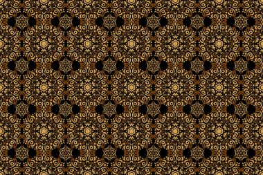 Altın arka plan. Kusursuz geometrik desen. Eşkenar dörtgen ve düğümlerle Geometrik arkaplan. Raster altın dokusu. Soyut geometrik desen. Siyah bir arkaplanda Raster pürüzsüz desen.