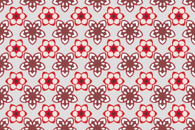 El çizimi çiçek unsurları olan soyut, dikişsiz raster deseni. Kırmızı, kahverengi ve gri renkli çiçek açan ipek eşarp. Retro tekstil tasarım koleksiyonu. Sonbahar renkleri. 1950 'ler-1960' lar motifleri.