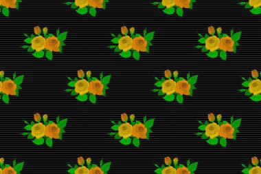 Siyah, gri ve yeşil renklerde klasik soyut raster çiçeksiz desen. Kesişen kıvrımlı zarif gül çiçekleri, yeşil yapraklar ve parşömenler soyut çiçek süsü oluşturuyorlar..