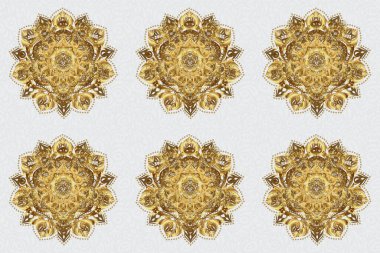 Gri arka plan. Altın elementler Soyut raster dekoratif etnik mandala kusurlu, pürüzsüz desen.