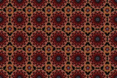 Zarif kumaş kumaş kumaş duvar kağıdı. Siyah arka planda çok renkli kumaş süsü. Eski, dikişsiz desen. Kusursuz arkaplan.