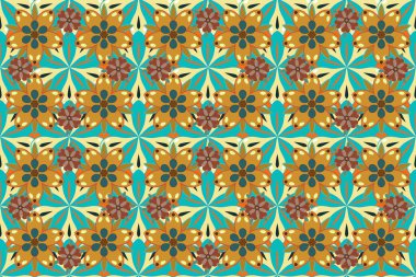 Raster tasarım için kusursuz elementler. Doğu tarzında mavi, turuncu ve sarı ızgara. Doğu karışık İslami kart geçmişi.