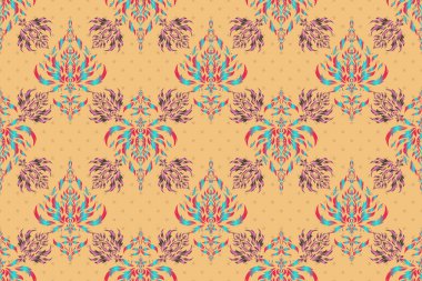 Raster illüstrasyonu. Damask pürüzsüz arkaplan deseni pembe, yeşil ve mavi renklerde.