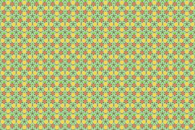El çizimi çiçek unsurları olan soyut, dikişsiz raster deseni. Sarı, kahverengi ve yeşil renkli çiçek açan ipek eşarp. Sonbahar renkleri. Retro tekstil tasarım koleksiyonu. 1950 'ler-1960' lar motifleri