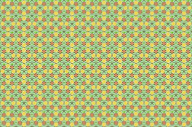 El çizimi çiçek unsurları olan soyut, dikişsiz raster deseni. Sarı, kahverengi ve yeşil renkli çiçek açan ipek eşarp. Sonbahar renkleri. Retro tekstil tasarım koleksiyonu. 1950 'ler-1960' lar motifleri