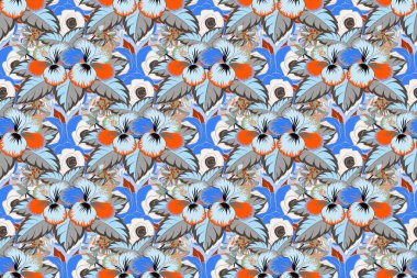 Gri, mavi ve turuncu amber deseni. Yatak çarşafları, ceket, paket tasarımı, kumaş ve moda kavramları için tekstil baskısı. Egzotik raster dikişsiz desenli çiçek tasarımı. Sevimli çiçeksiz desen..