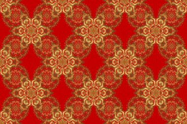 Raster illüstrasyonu. Kırmızı arka planda barok tarzında, doğulu süslemeler. Geleneksel klasik altın ve kırmızı desen.