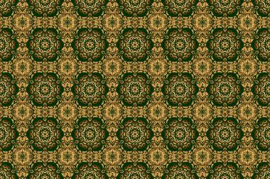 Geleneksel Hint tarzı, kına dövmesi, baskı, altın çıkartmalar, mehndi, yoga tasarımı için süslü çiçek unsurları. Altın mehndi 'nin Raster sanatı. Yeşil bir arkaplanda kusursuz desen.