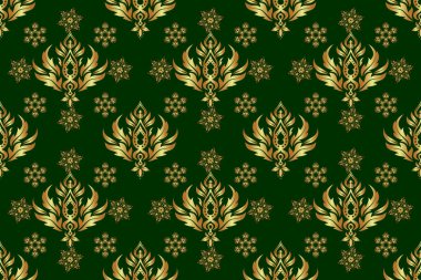 Yeşil bir arka planda, kusursuz altın desen. Parlayan Altın Elementlerle Zarif Noel Arkaplanı. Raster illüstrasyonu.