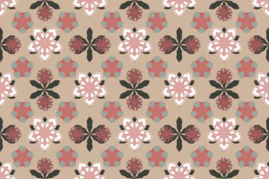 Bej, pembe ve yeşil renklerde etnik, pürüzsüz desen. Raster illüstrasyonu.