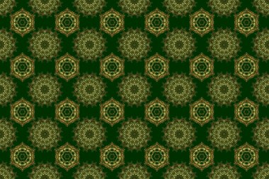 Altın ve yeşil pürüzsüz desen. Oryantal raster desenli arabesk ve güler yüzlü çiçek elementleri. Geleneksel klasik süs.