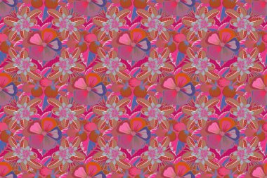 Dekoratif kozmos çiçekleri tekrar eden desenler. Raster illüstrasyonu. Kırmızı, pembe ve bej renkli çiçek motifleri olan soyut zarafet deseni.