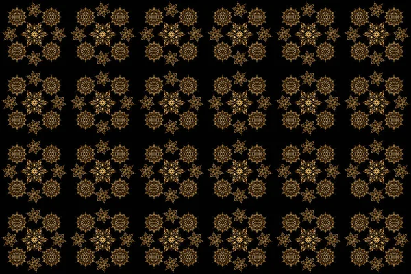 黑色背景上的传统经典格栅装饰品 东方金黄色无缝图案 带有阿拉伯和花卉元素 — 图库照片