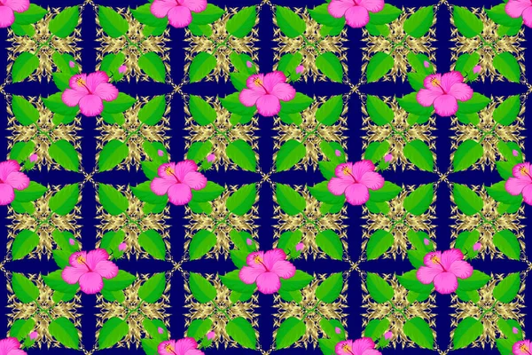 Nahtloses Blumenmuster Blauen Neutralen Und Grünen Farben Mit Kunterbunten Hibiskusblüten — Stockfoto