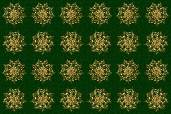 Orient, symmetry lace, fabric, wallpaper. Gold Mandala pattern, Arabic background. Vintage decorative ornament on green background. Raster East, Islam, Indian, motif, revival swirling. Ethnic texture.