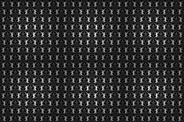 Raster black and white texture, motley lines and grids seamless pattern, curved metal, foil background with 3D visual effects.