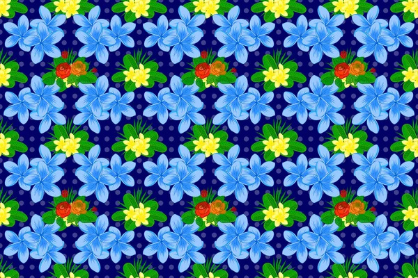 Florales Nahtloses Muster Mit Blühenden Blüten Und Blättern Auf Blauem — Stockfoto