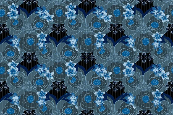 Seamless texture of floral ornament in black, gray and blue colors. Raster illustration good for the interior design, printing, web and textile design. Optical illusion with rose flowers and leaves.