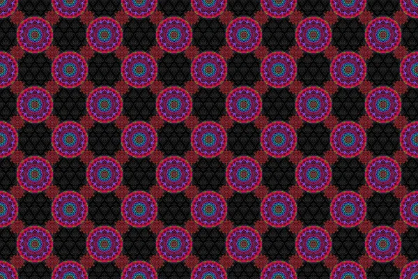 Decoration for fabric, textile, interior. Handmade raster violet, red and magenta elements on black background. Vintage seamless pattern.