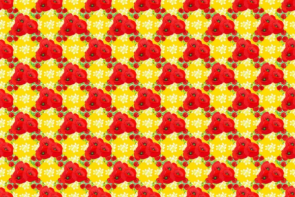 Raster Illüstrasyonu Dekoratif Gelincik Çiçekleri Sarı Arkaplanda Yaprakları Olan Kusursuz — Stok fotoğraf